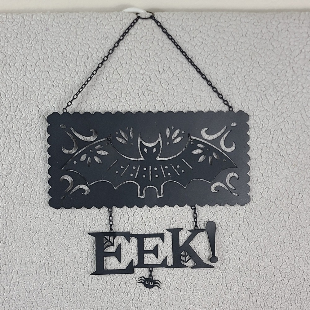 Halloween Black Metal Bat Wall Hanging EEK Sign Spooky Gothic Home Decor 15 Inch